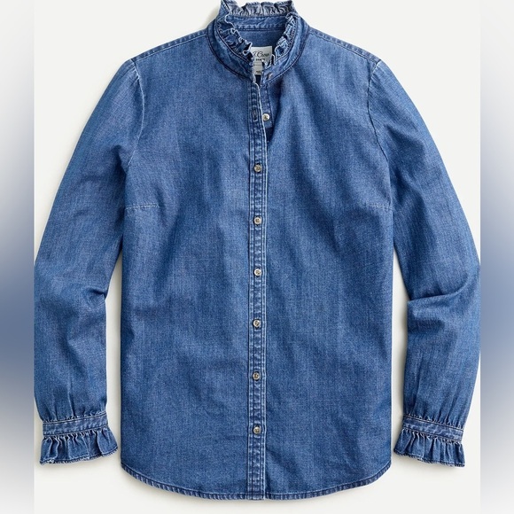 J Crew Denim Ruffleneck classic-fit boy shirt in chambray Size Xxs - Picture 1 of 11